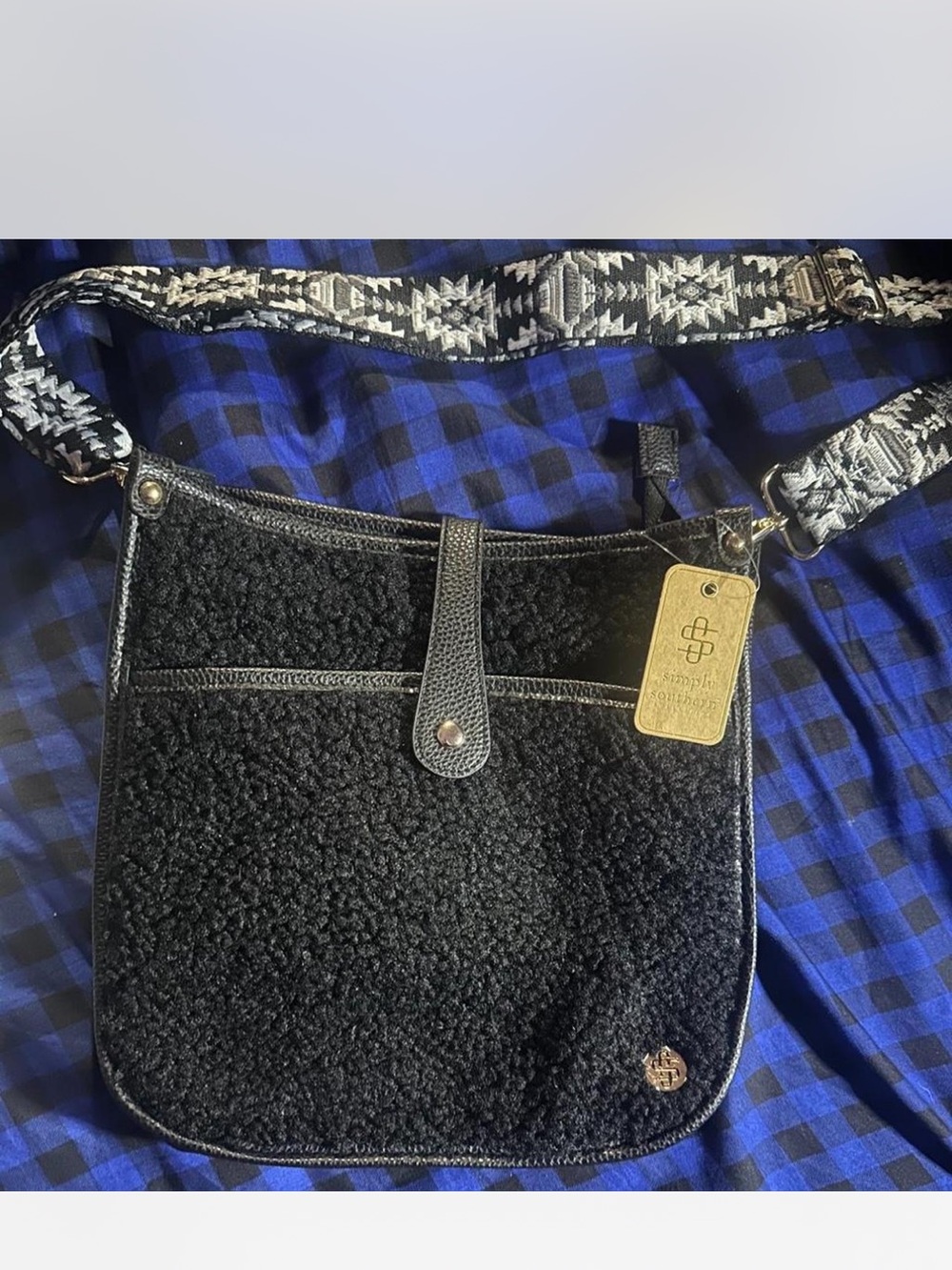 Simply Southern Black Sherpa Crossbody with Patterned Strap